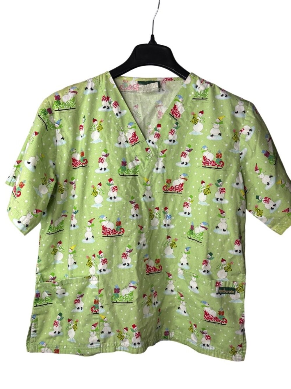 UA Scrubs Uniform Advantage Womens Scrub Top Size M Snowman Delight Aloe